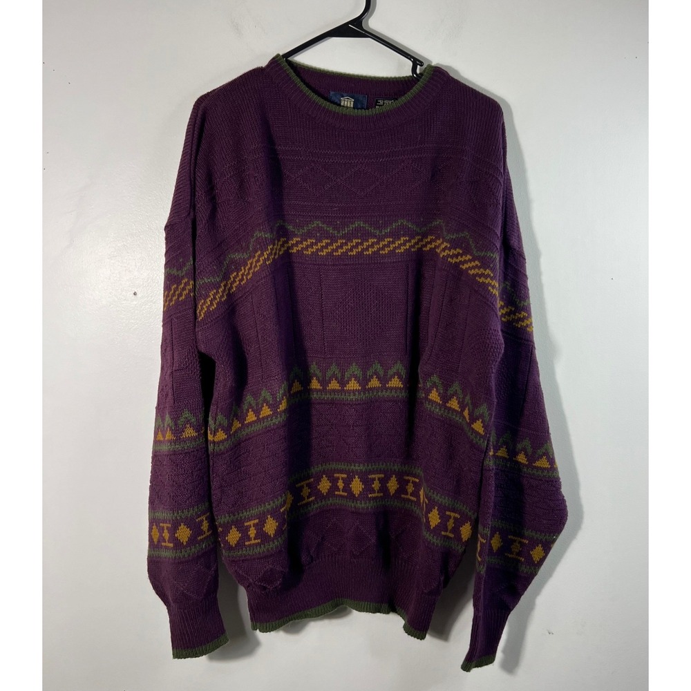 Mens Vintage Principles Knit Sweater L Acrylic‎ Burgundy Green Brown